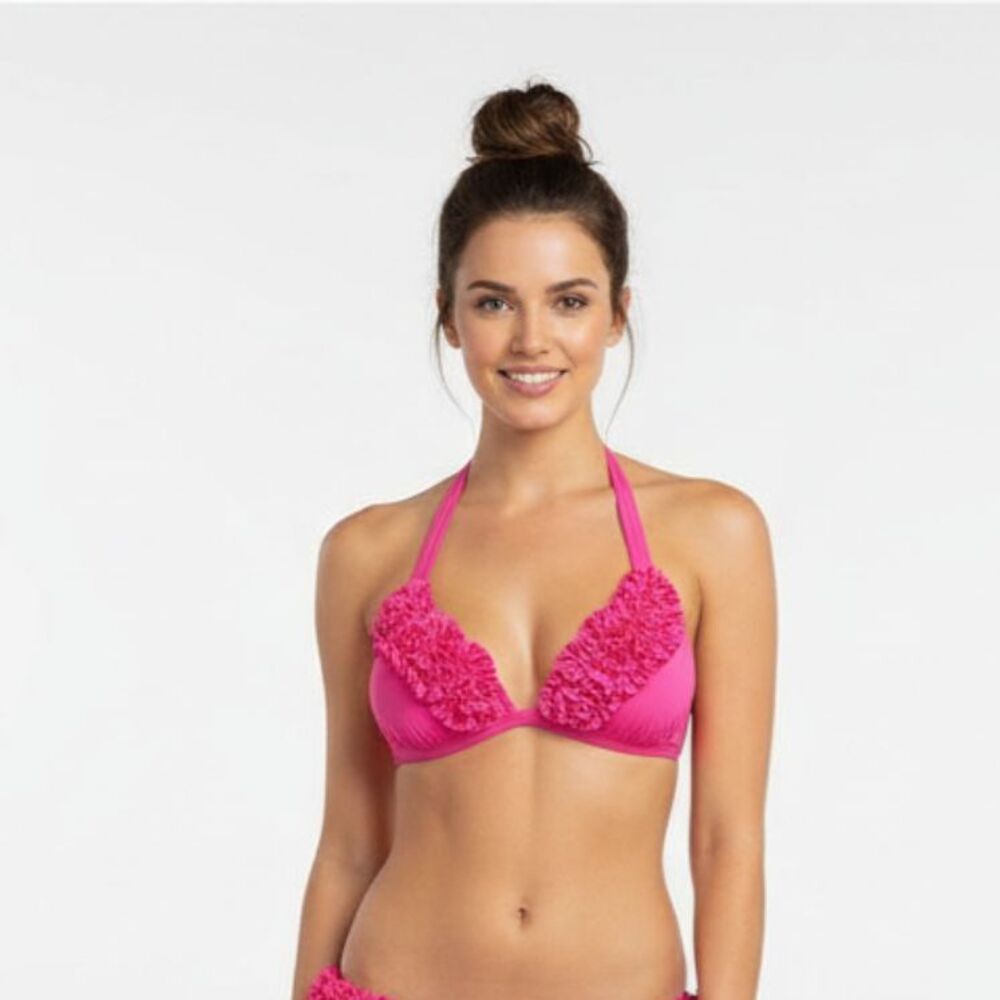 Kenneth Cole Hot Pink Ruffle Padded Swim Bikini Bathing Suit Top NEW M